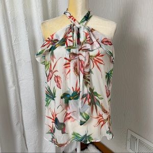 NY & Co. Tropical Chiffon Halter Blouse S